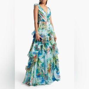 Marchesa Notte Tiered Printed Chiffon Gown